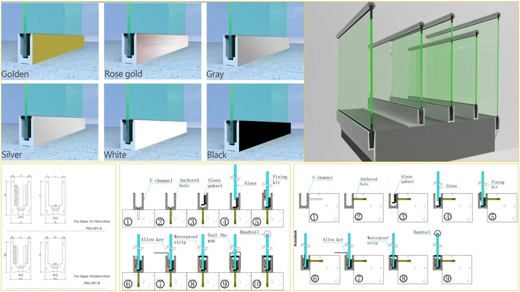 Contemporary Decking Glass Railing U Channel Base LED Light Glass Fence Design