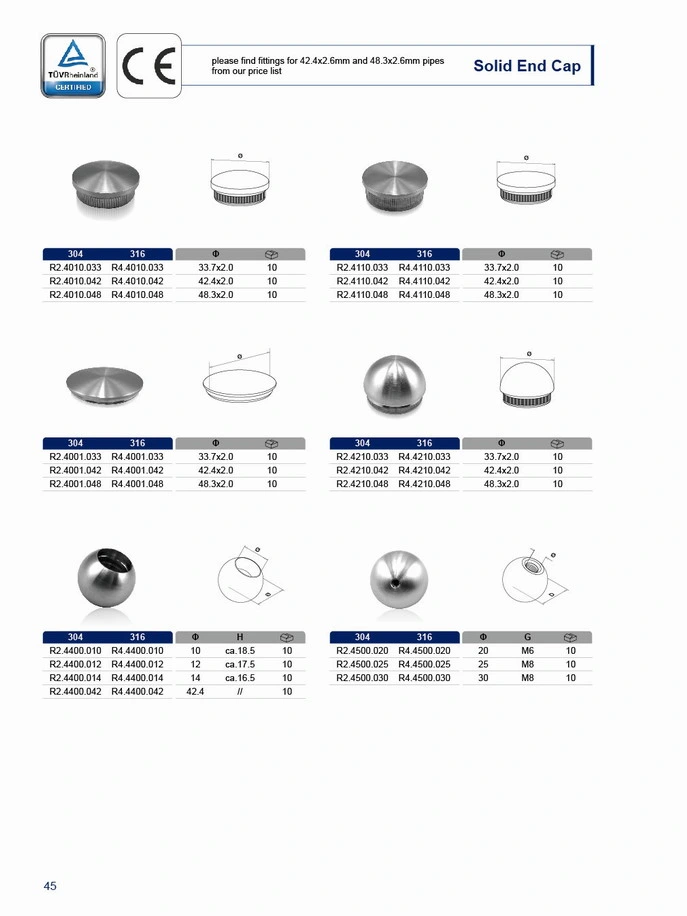 Stainless Steel Solid End Cap/Tube Hanrail Railing/Stair Railing/Glass Balustrade/Staircase Fittings